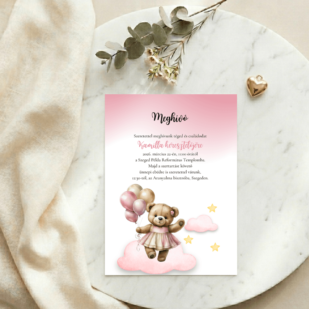 Keresztelési meghívó lányos,rózsaszínmaci3 Rózsaszín lufis kismaci meghívó fehér márvány tálcán, arany kiegészítőkkel.