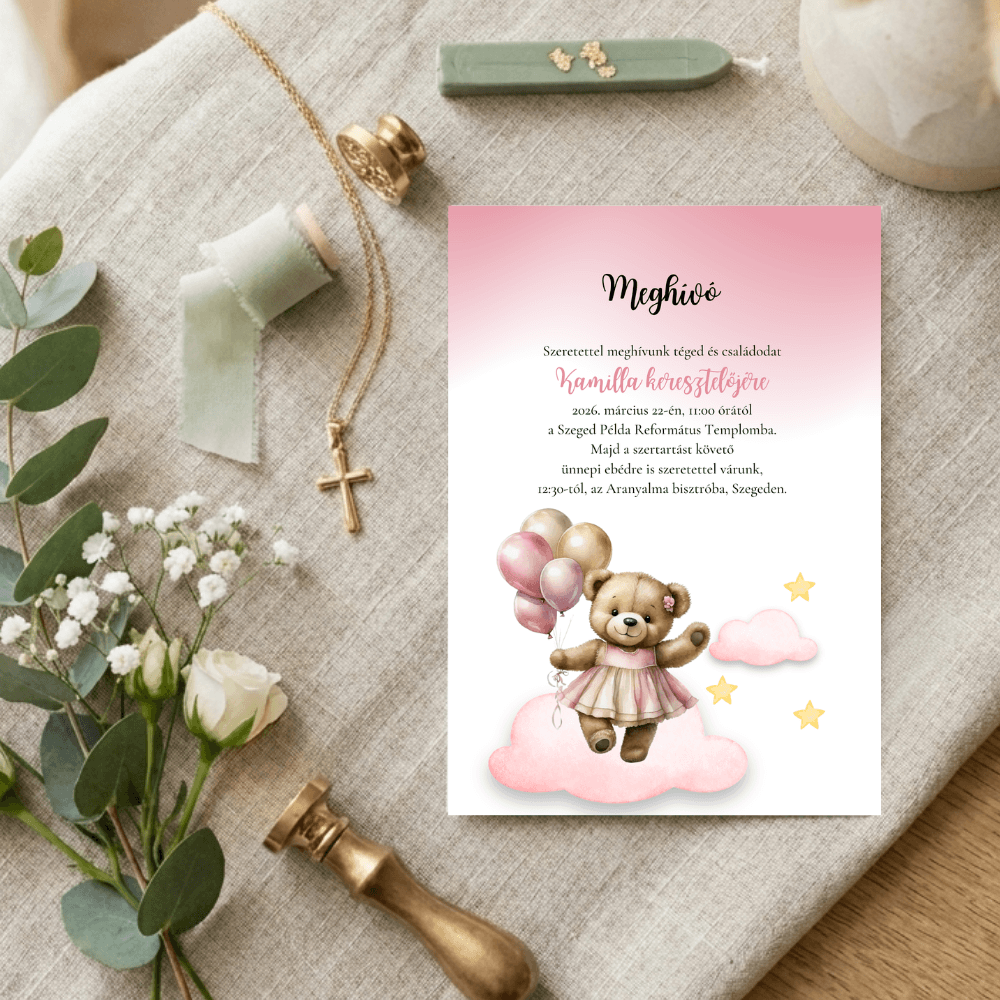 Keresztelési meghívó lányos,rózsaszínmaci4 Masnis macis lányos meghívó elegáns környezetben, viaszpecséttel és virágokkal díszítve.