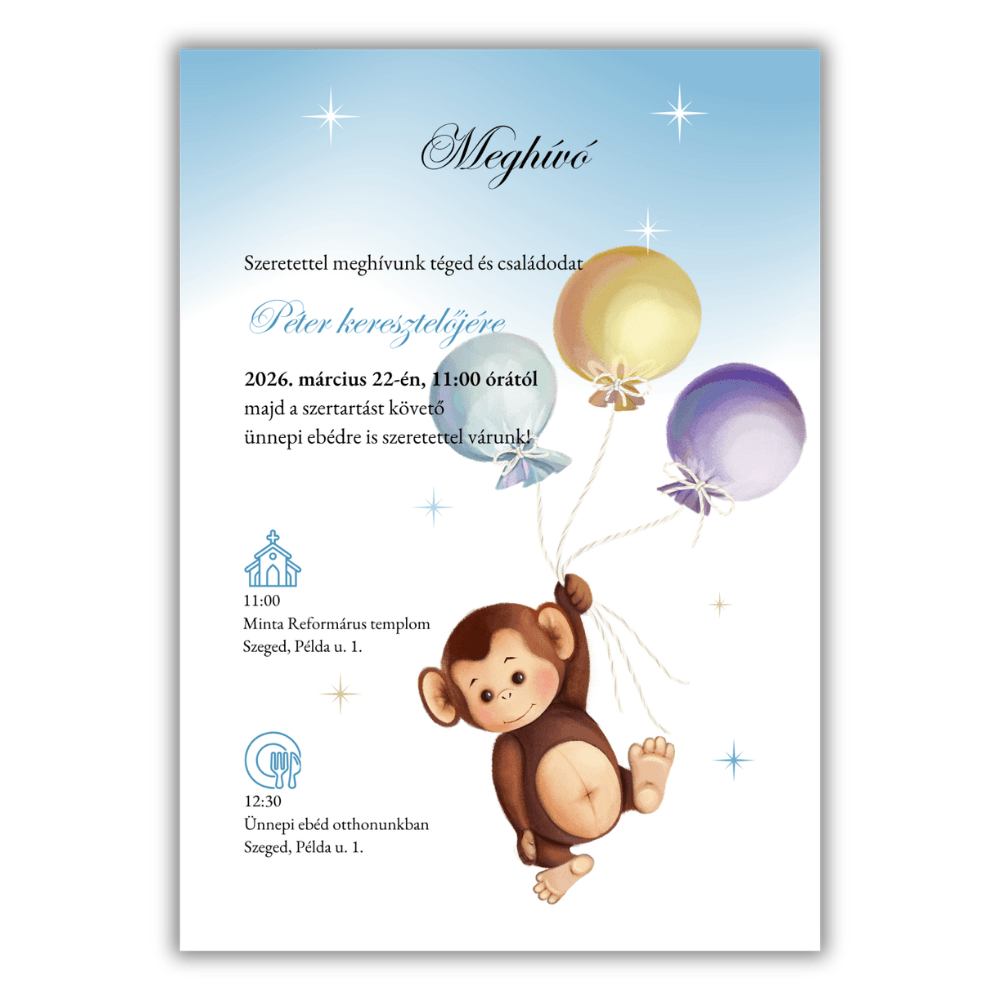 Keresztelési meghívó majmos2 Majmos keresztelői meghívó grafika kék égbolttal, színes lufikkal és kisfiú nevével ellátott mintával