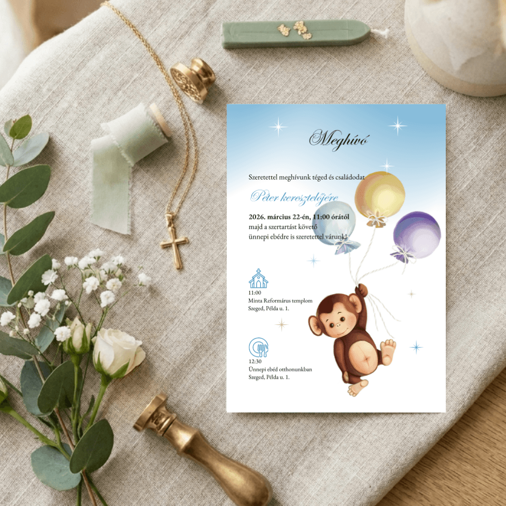 Keresztelési meghívó majmos4 Majmos kisfiú keresztelő meghívó rusztikus fa asztalon, fehér rózsákkal, pecsétnyomóval és kereszt medállal.