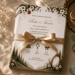 Fairy Tale erdei esküvői meghívó közelről, akvarell fenyőerdővel és elegáns vintage díszítéssel.