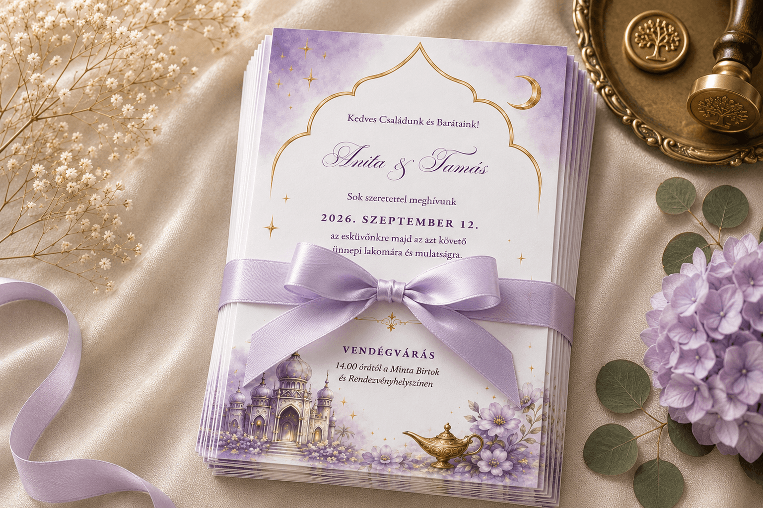 Keleti palotás esküvői meghívó akvarell grafikával, lila masnival és elegáns arany részletekkel.