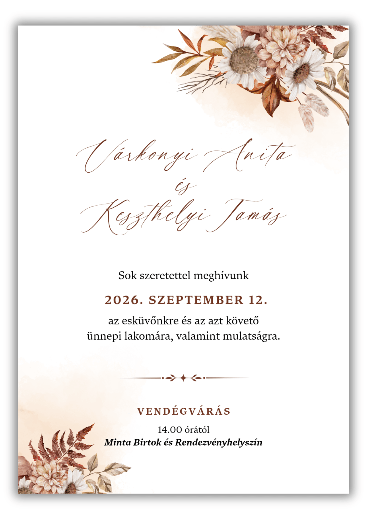 1_20260725_142131_0000 Őszi elegáns virágos esküvői meghívó barna és terrakotta akvarell virágokkal, prémium papíron.